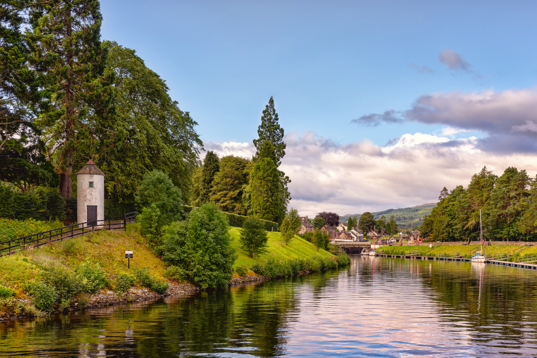 The Caledonian Canal in Scottish Countryside