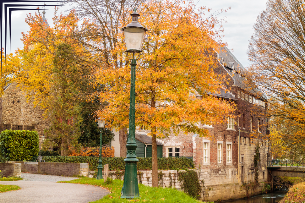 Autumn view in the city center of Maastricht alongside Jeker River