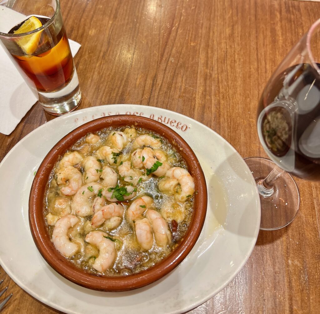 Gambas al Ajillo with wine and vermouth at Casa del Abuelo, Madrid. Photo: Cindy Dykman